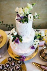 Candy bar table set. Cookies, eclairs, macaroons, fruits, cream and layered cakes. Pastel violet colours.