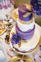 Candy bar table set. Cookies, eclairs, macaroons, fruits, cream and layered cakes. Pastel violet colours.