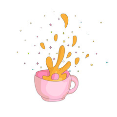 Cartoon spash in a pink cup icon. Drawing splash in a cup of hot tea or coffee. Splash in a cup with decoration elements on white background.