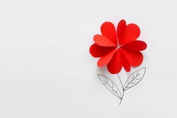 Valentines day card. Red paper heart shape flower on white paper background. Paper cut style and minimalist concept - obrazy, fototapety, plakaty
