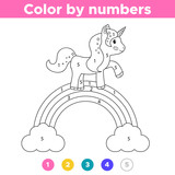Number educational coloring page for preschool kids. Cute unicorn on the rainbow. Vector illustration.