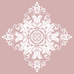 Oriental white square pattern with arabesques and floral elements. Traditional classic ornament. Vintage pattern with arabesques