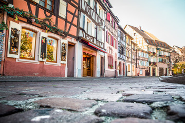 Fototapeta na wymiar Low perspective of cobblestone street in historic city of Strasbourg France