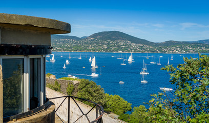 View from town fortress to the bay with yacht anchorage in Saint-Tropez