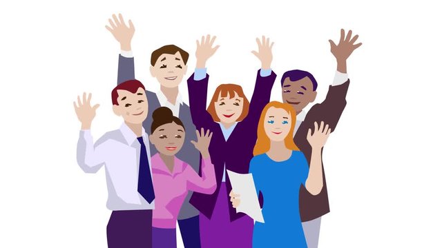 Business team, greeting card banner micro animation, people waving to camera. Cartoon, illustration, vector, looping.