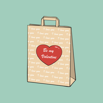 Fototapeta Paper shopping bag with heart and inscriptions I love you. Be my Valentine.