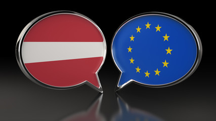 Latvia and Europe Union flags with Speech Bubbles. 3D illustration