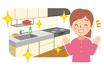 綺麗なキッチンと喜ぶ女性