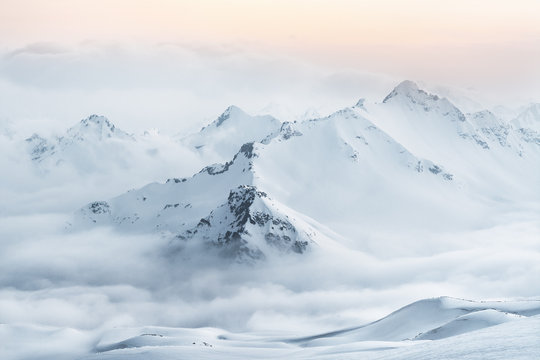 Snow covered mountain peaks of the Caucasus