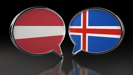 Latvia and Iceland flags with Speech Bubbles. 3D illustration