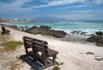 Fototapeta premium Table Mountain with wooden benches