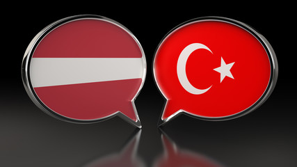 Latvia and Turkey flags with Speech Bubbles. 3D illustration