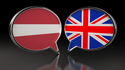 Latvia and United Kingdom flags with Speech Bubbles. 3D illustration