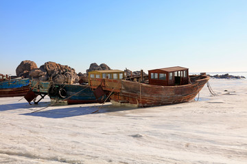 Wooden and reef in ice and snow