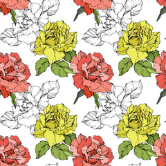 Vector Coral and yellow rose flower. Engraved ink art. Seamless background pattern. Fabric wallpaper print texture.