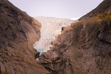 View from the glacier Briksdalsbreen one of the most accessible and best known arms of the Jostedalsbreen glacier. Briksdalsbreen is located in the municipality of Stryn in Sogn og Fjordane county. 