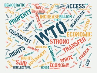 wordcloud with the main word wto and associated words, abstract illustration