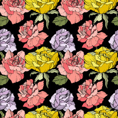 Vector Pink, yellow and purple rose flower. Engraved ink art. Seamless background pattern. Fabric wallpaper print.
