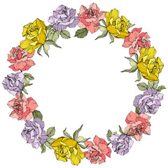 Vector Rose floral wreath. Floral botanical flower. Yellow, purple and pink engraved ink art.