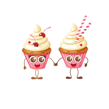 Happy Valentine's Day. Two sweet pink cupcakes with eyes isolated on white. Cartoon Food Character Emoji. Couple hold hands. Objects for holidays, menu, backgrounds