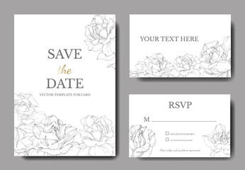 Vector Rose flowers. Wedding background card floral border. Thank you, rsvp, invitation elegant card. Engraved ink art.