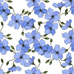 Vector. Blue flax flower. Engraved ink art. Seamless pattern on white background. Fabric wallpaper print texture.
