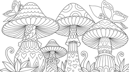 Cute three mushroom in spring time with butterflies for design element and coloring book,coloring page,colouring picture. Vector illustration