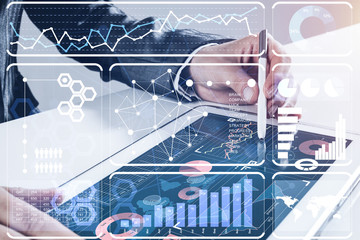 Media technologies for business as concept with woman working on