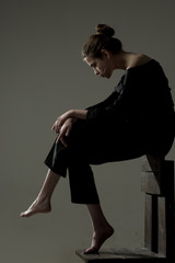 have no power and faith to fight. Modern girl. Loneliness. Fashion woman full length. Solitude....