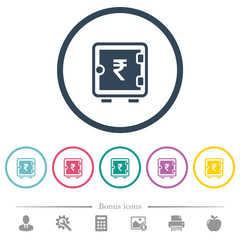 Indian Rupee strong box flat color icons in round outlines