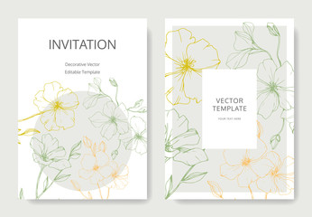 Vector. Flax flower. Engraved ink art. Wedding white background card floral border. Thank you, rsvp, invitation card.