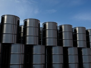 Oil barrels isolated on blue sky. 3d illustration. Arranged in a row.