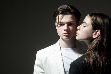 Friendship relations. Family bonds. Hair style and skincare. Beauty and fashion. Man and woman. Fashion couple in love. copy space. Lovely evening. Feeling of love