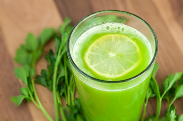 Fresh, Homemade Celery Apple Juice with Lemon Slice