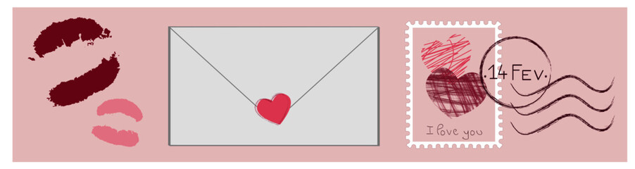 Set love letter and stamp collection Valentine's day