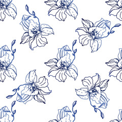 Vector Orchid. Floral botanical flower. Seamless background pattern. Fabric wallpaper print texture. Engraved ink art.