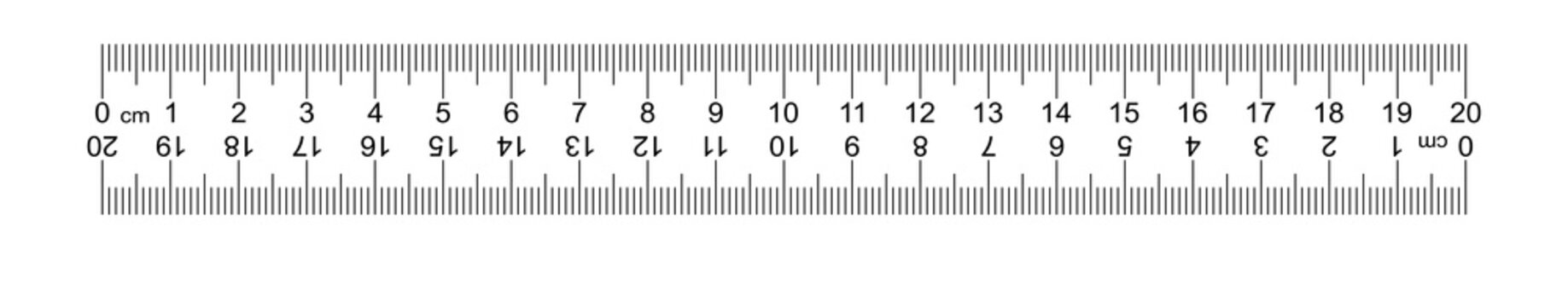 Ruler 20 cm with countdown, doble sided scale. Vice versa backwards, mounting, engineering, designer, tailor ruler Measuring tool. Ruler grid 20 cm. Size indicator units. Metric Centimeter size Vector