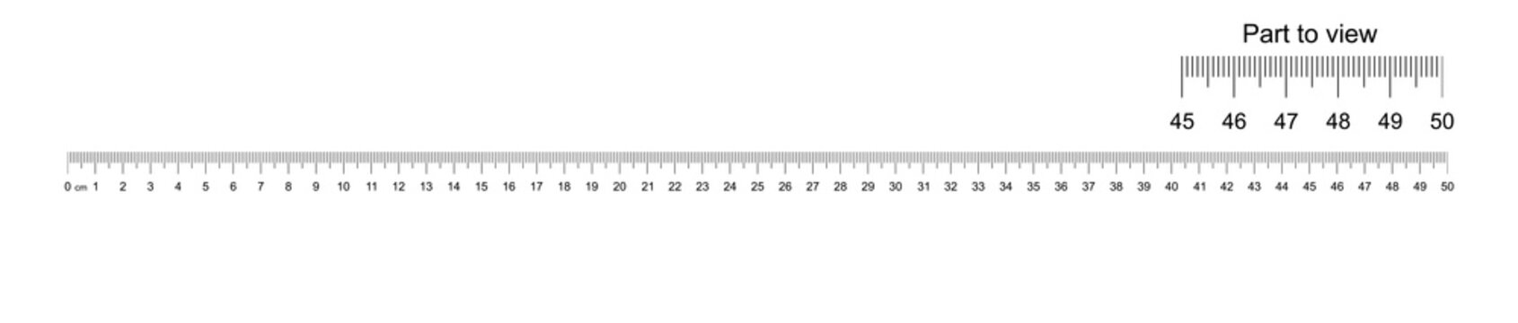 Ruler 50 cm with part to view. Measuring tool. Ruler scale. Ruler grid 50 cm. Size indicator units. Metric Centimeter size indicators. Vector