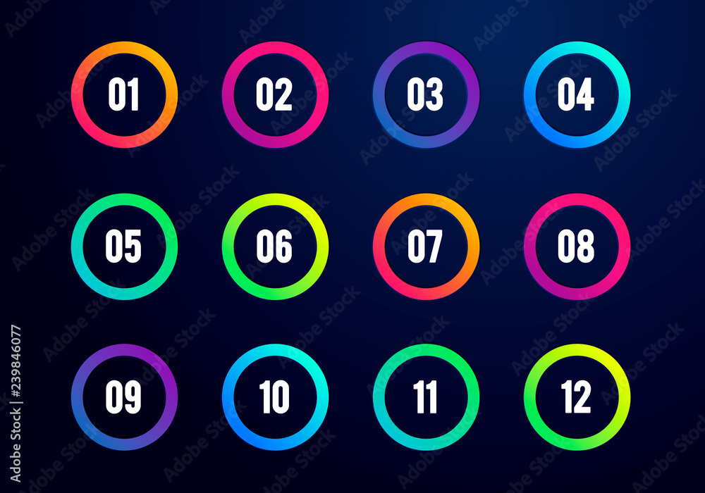 Poster vector illustration creative number bullet point set cut out rings 1 to 12, flat color gradient web 