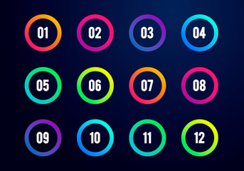 Vector illustration Creative Number Bullet Point Set Cut Out Rings 1 to 12, Flat color gradient web icon element