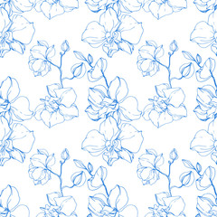 Vector Blue Orchid flower. Engraved ink art. Seamless background pattern. Fabric wallpaper print texture.