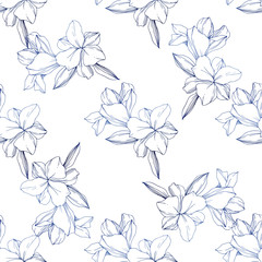 Vector Blue Orchid flower. Engraved ink art. Seamless background pattern. Fabric wallpaper print texture.