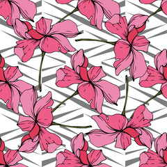 Vector Pink Orchid flower. Engraved ink art. Seamless background pattern. Fabric wallpaper print texture.