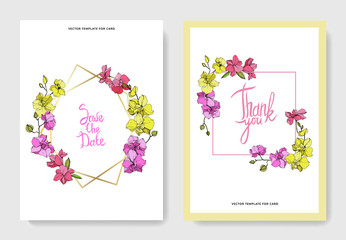 Vector Orchid. Engraved ink art. Wedding background floral border. Thank you, rsvp, invitation card illustration.
