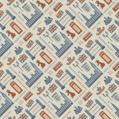 Vector seamless Background on UK and London theme with British symbols, architectural landmarks and flag of the United Kingdom in retro style. Can be used as wallpaper or wrapping paper