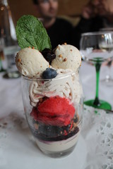 dessert, food, fruit, cream, glass, sweet, yogurt, strawberry, fresh, raspberry, berry, ice cream, healthy, mint, red, white, ice, breakfast, cold, strawberries, blueberry, delicious, muesli, meal, ic