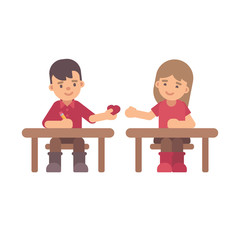 Two cute kids sending love notes in class. Valentine's Day flat illustration