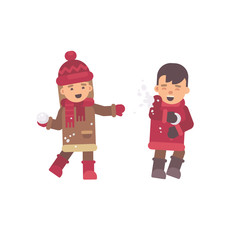 Two kids playing snowballs. Winter flat illustration