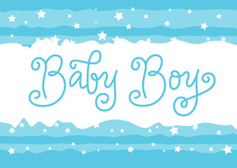 Modern calligraphy lettering of Baby Boy in blue in monoline style on white blue background with stars for decoration, poster, banner,greeting card, a birth certificate, birthday,embroidery, fancywork