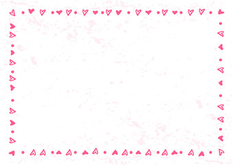 Decorative frame of hearts and dots in pink on white textured background for decoration, oster, anner,postcard, greeting card,gift tag,text, lettering,advertising,valentines day,valentine, invitation